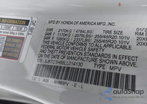 2020 Acura Rdx A-Spec Package из США, поврежденный, VIN 5J8TC1H65LL014130